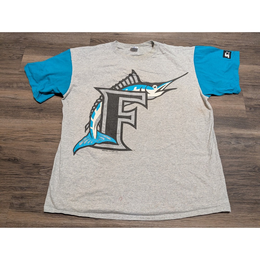 Vintage 1994 Florida Marlins Starter T Shirt XL Gray Teal MLB Made in USA 90s